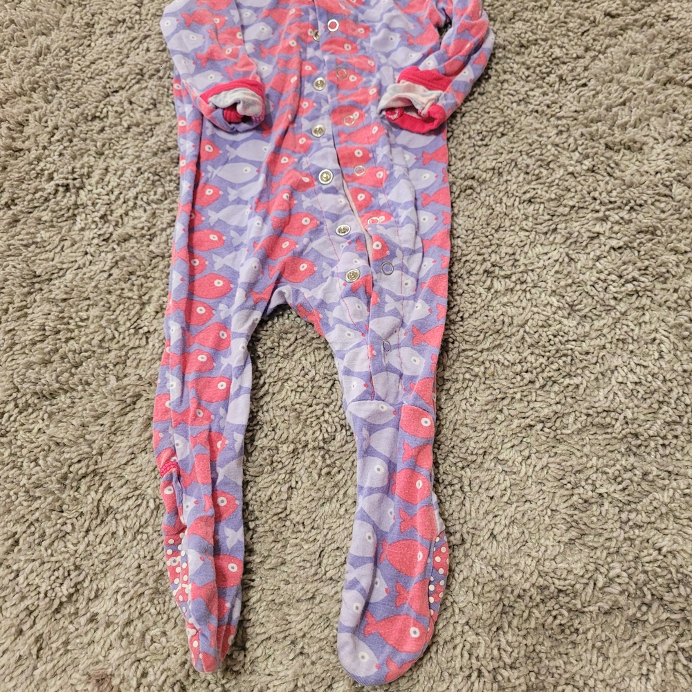 Kickee Pants Pink and Purple Fish Print Kids Footie 95% Bamboo 5% Spandex